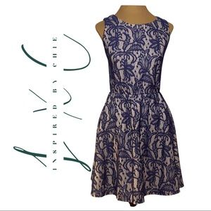 Three Hearts Blue Lace Detail Fit and Flare Dress